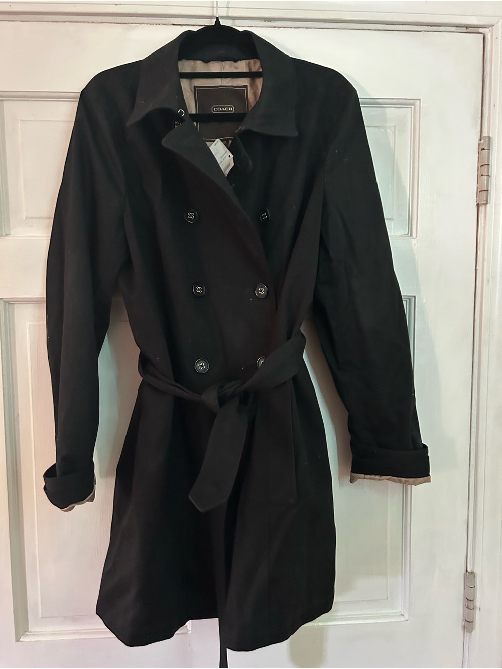 Coach Black Double-Breasted Trench Coat with Waist Tie